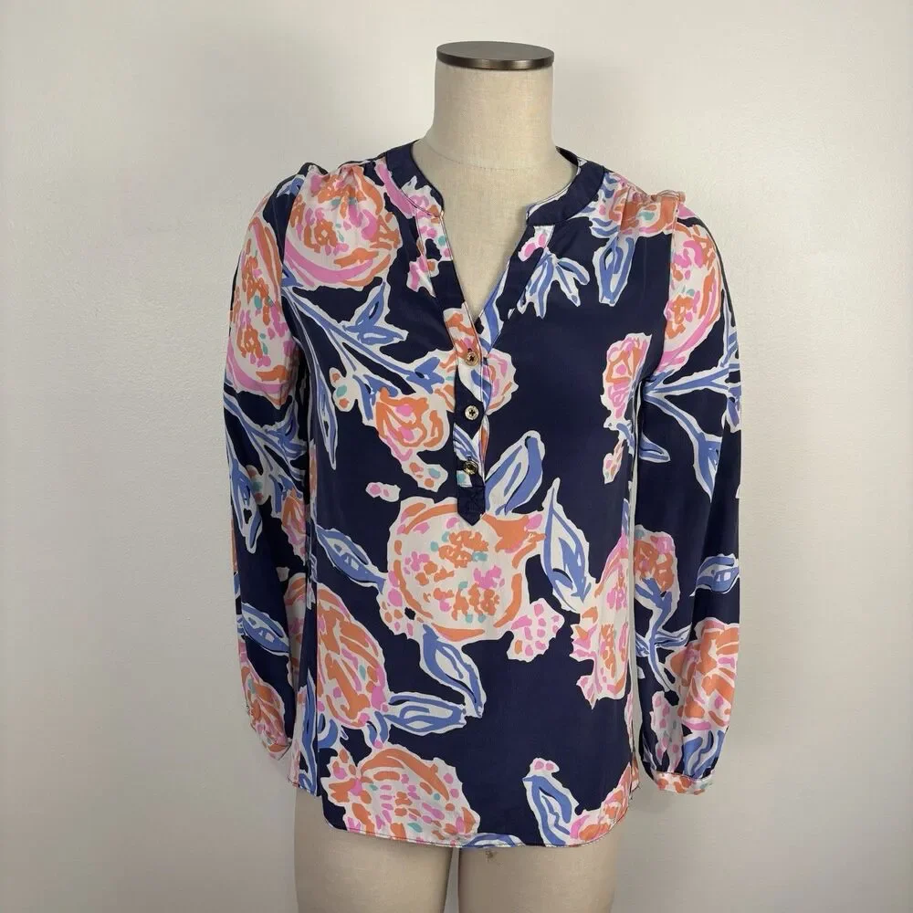 Lilly Pulitzer Top XS Navy Floral Alexandra Henley Long Sleeve Bright Pom Pom
